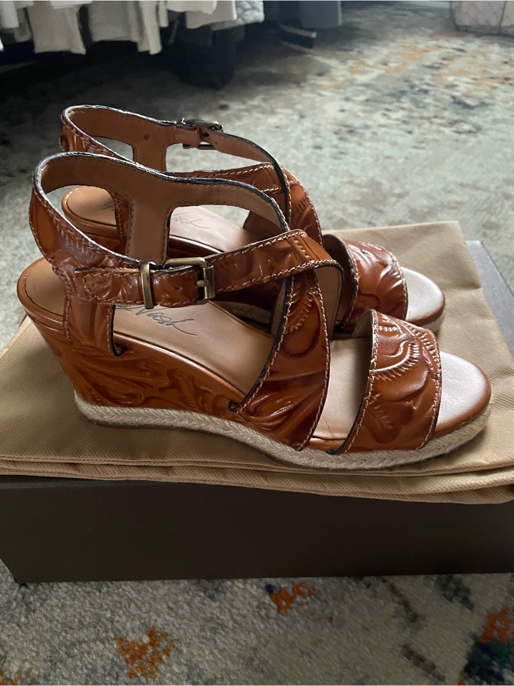 Patricia Nash Whiskey Patent Leather Wedge Sandals